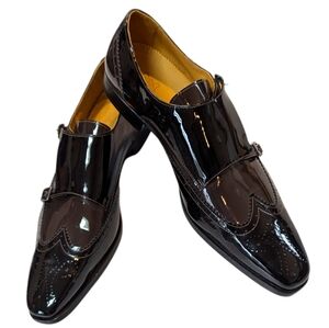 Undandy, Double Monk Brown Patent Leather Wingtip Shoes. 12